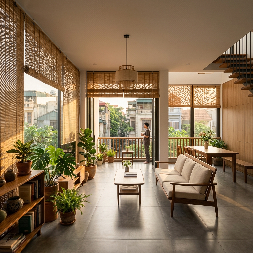 Mành tre nguyên liệu tre già lắp cho nhà phố - bền đẹp, chống nắng hiệu quả