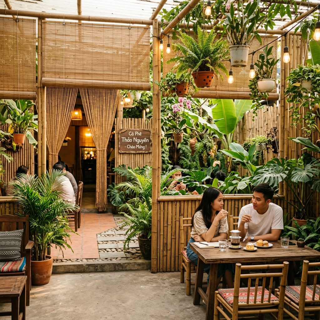 Không gian quán cafe với mành tre che nắng Phong Vũ